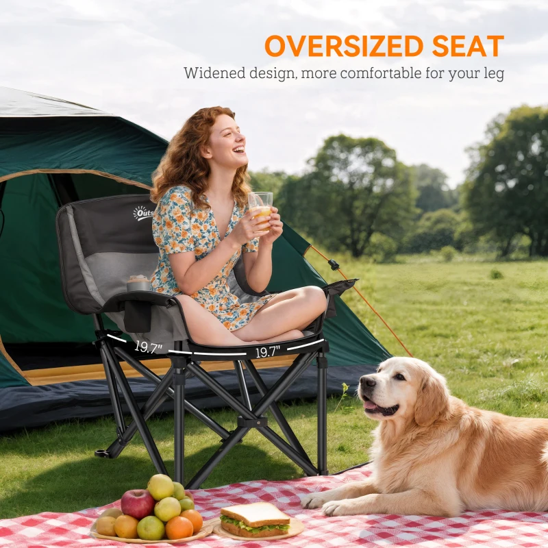 Outsunny Camping Chair for Adults, Portable Folding Camping Chair with Side Pockets, Cup Holders, Carry Bag, Black and Gray