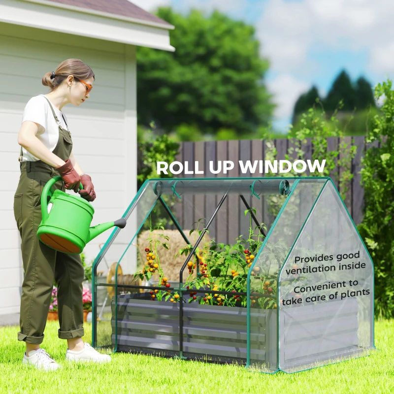 Outsunny 4 x 3ft Raised Garden Bed with Mini Greenhouse, Galvanized Raised Garden Bed with Cover, Clear and Dark Gray