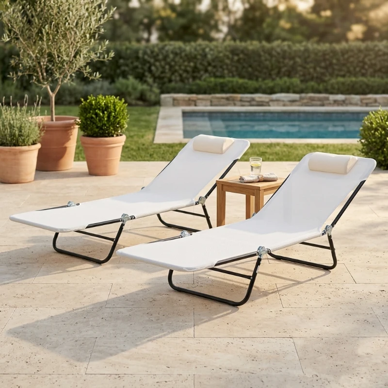 Outsunny Folding Chaise Lounge Chair, Pool Sun Tanning Chair, Outdoor Lounge Chair with Reclining Back, Breathable Mesh Seat, Headrest for Beach, Yard, Patio, Cream White