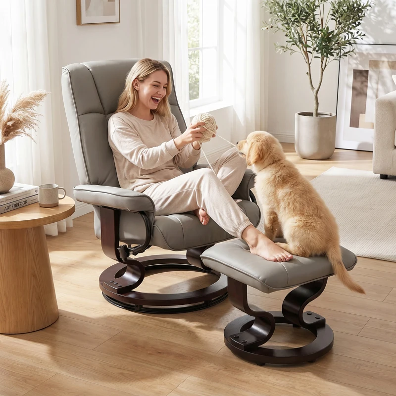 HOMCOM Faux Leather Reclining Chair with Ottoman, Manual Recliner with Tufted Back and Wood Frame for Living Room, Gray