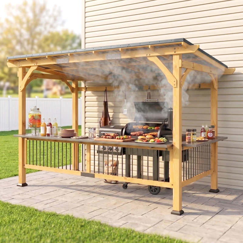 Outsunny 13' x 6' Wooden BBQ Grill Gazebo, Outdoor Hardtop Grill Gazebo with Metal Roof, 2 Bar Shelves and 6 Hooks, Natural