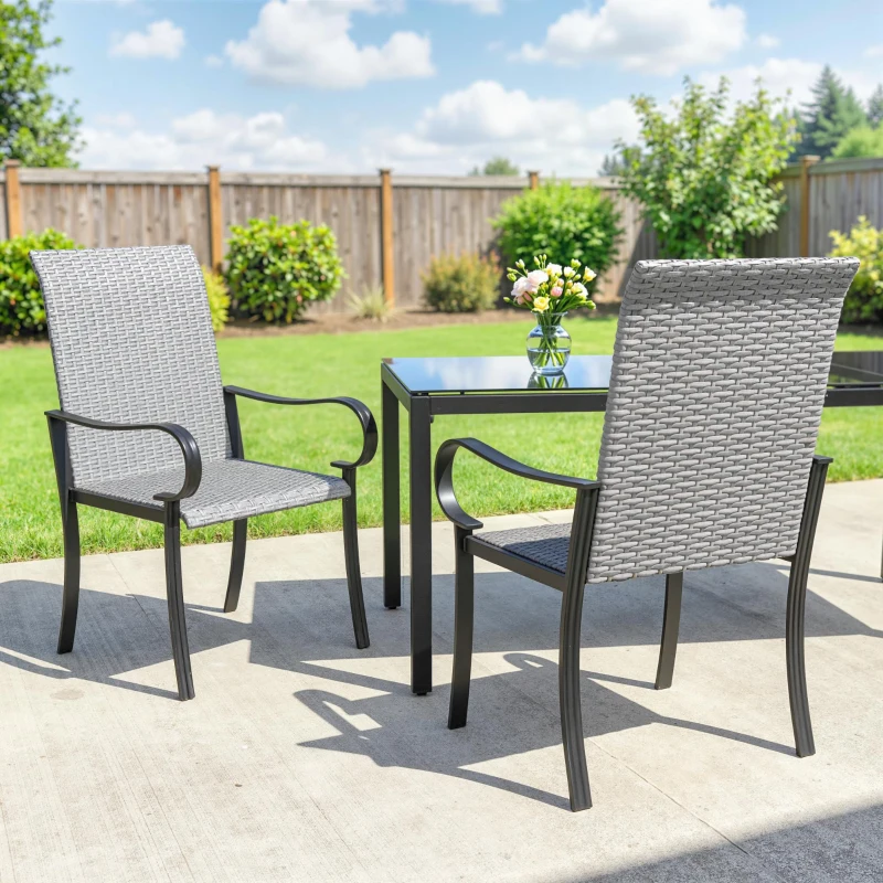 Outsunny Set of 2 Outdoor Wicker Dining Chairs with Armrest, Steel Frame, High Back and Deep Seating, Gray