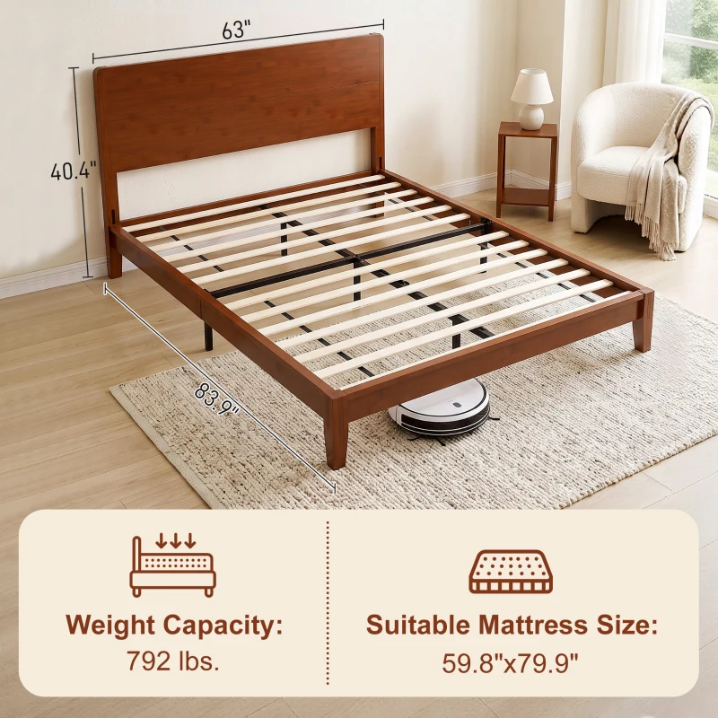 HOMCOM Queen Size Bamboo Platform Bed Frame with Headboard and 12 Poplar Slats, No Box Spring Needed, Easy Assembly, Brown