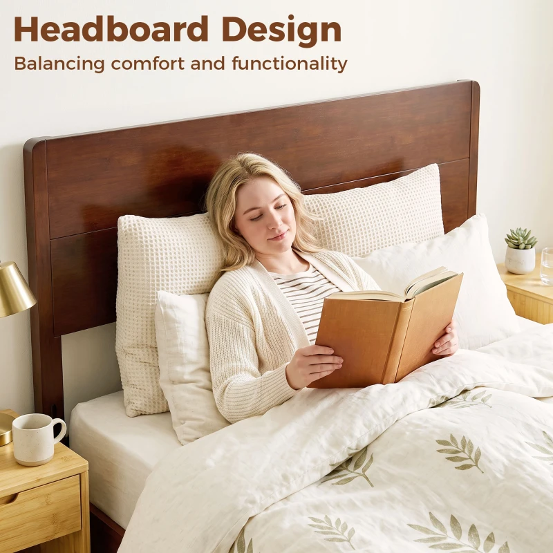 HOMCOM Queen Size Bamboo Platform Bed Frame with Headboard and 12 Poplar Slats, No Box Spring Needed, Easy Assembly, Brown