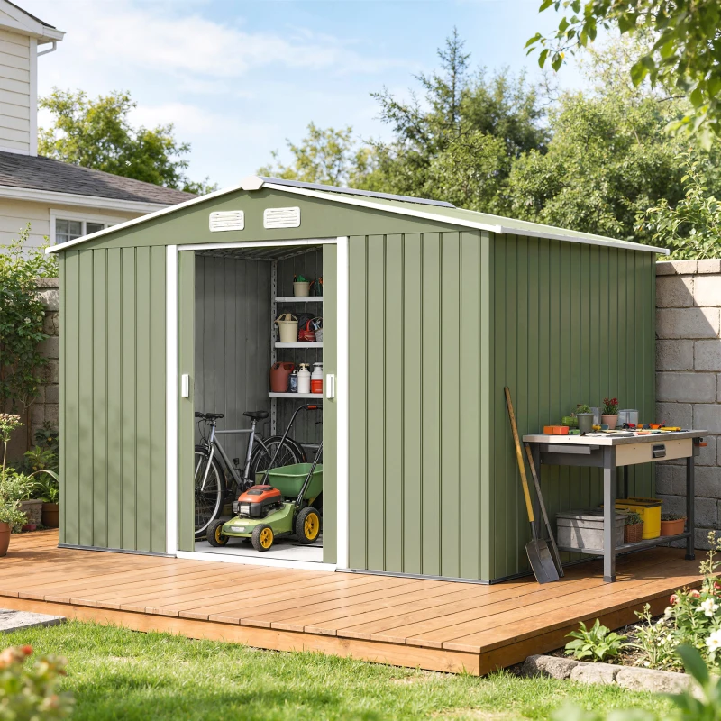 Outsunny 9' x 6' Outdoor Storage Shed, Garden Tool Metal Shed with Foundation Kit, Double Lockable Door, Air Vents and Sloping Roof, for Backyard, Patio, Lawn, Green