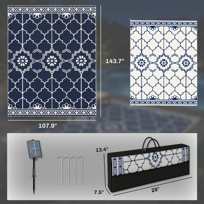 Outsunny Reversible Outdoor Rug Carpet with LED Lights, 12' x 9' PP Straw Rug with Carry Bag and Ground Stakes
