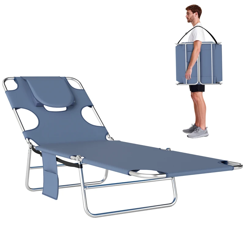Outsunny Tanning Chair with Face Hole, 5-Level Adjustable Outdoor Chaise Lounge Chair with Pillow for Beach, Pool, Gray