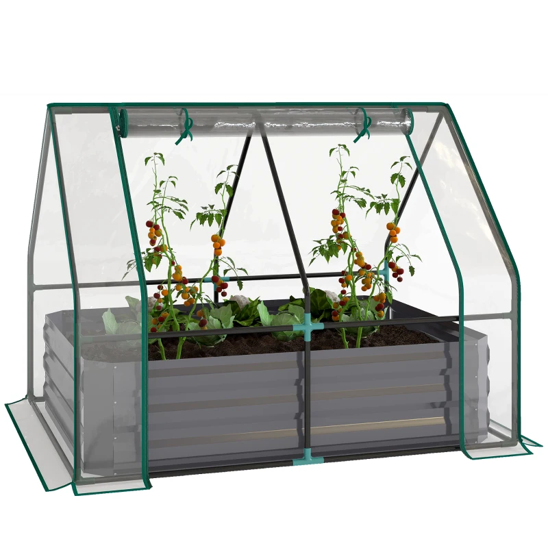 Outsunny 4 x 3ft Raised Garden Bed with Mini Greenhouse, Galvanized Raised Garden Bed with Cover, Clear and Dark Gray