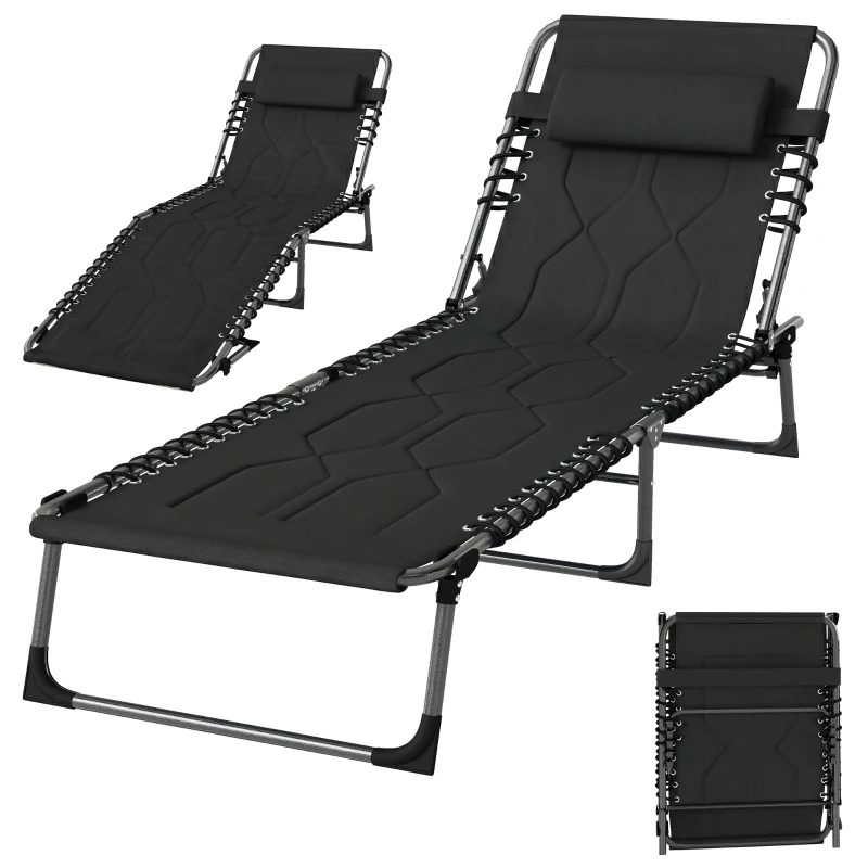 Outsunny Padded Folding Chaise Lounge Chair, Outdoor 6-Level Reclining Camping Tanning Chair with Headrest for Beach, Yard, Patio, Pool, Black