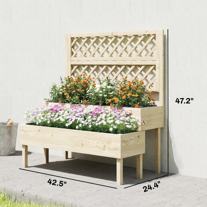 Outsunny 2-Tier Raised Garden Bed with Trellis, Elevated Planter Box for Climbing Plants, Natural