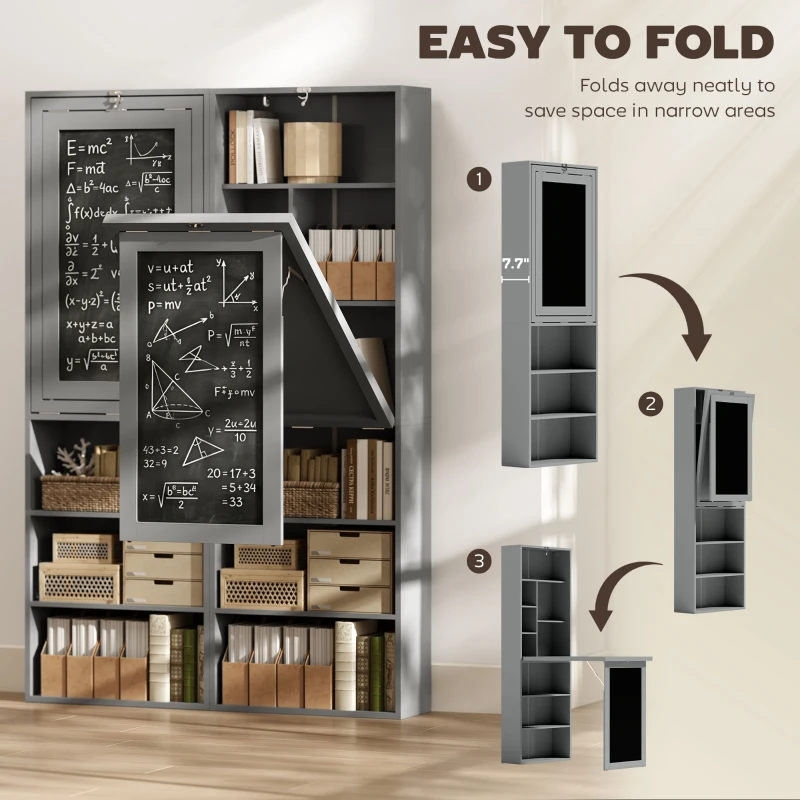HOMCOM Fold-out Convertible Office Desk, Wall Mount Computer Desk with Blackboard and Side Shelf, Charcoal Gray