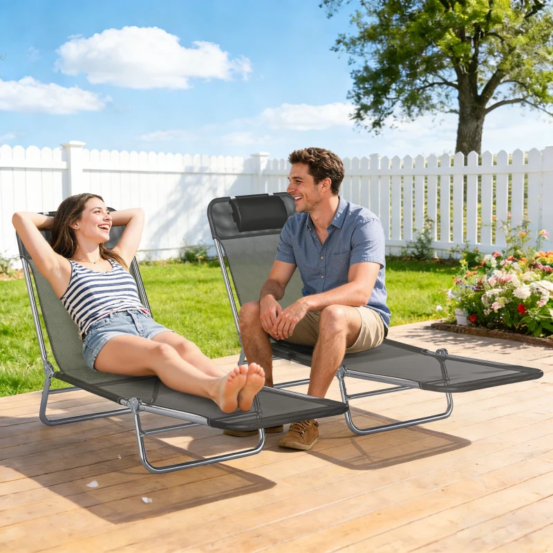 Outsunny 2 Piece Sun Loungers, Folding Chaise Lounge Chairs with Reclining Back, Breathable Mesh Seat, Headrest, Black