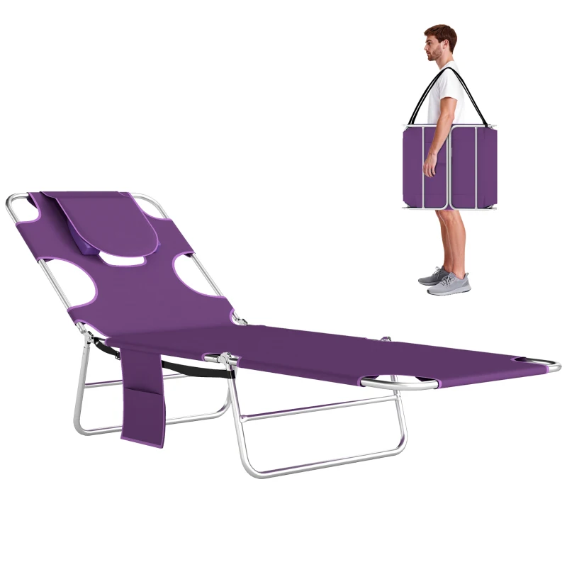 Outsunny Tanning Chair with Face Hole, 5-Level Adjustable Outdoor Chaise Lounge Chair with Pillow for Beach, Pool, Purple