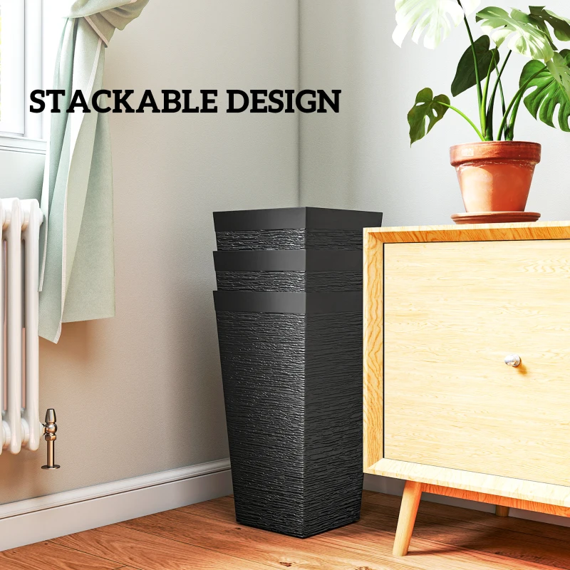 Outsunny 22.8 Inch Set of 3 Outdoor Planters with Stone Finish and Wheels, Stackable Tapered Planters with Drainage Hole, Black