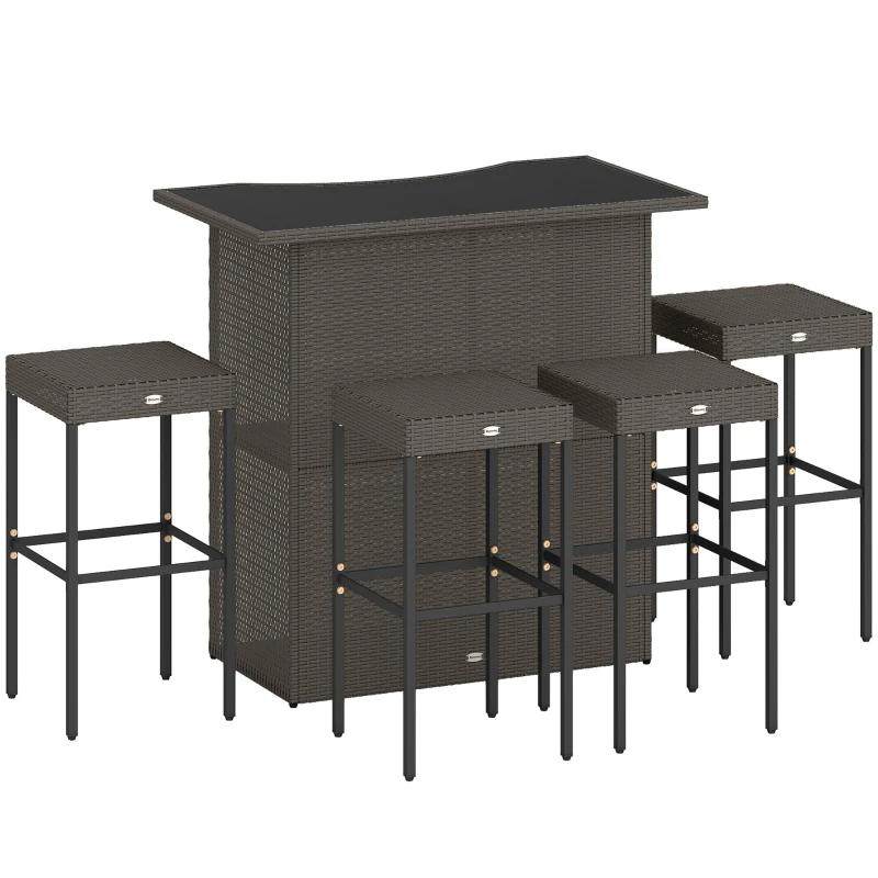 Outsunny 5 Piece Rattan Wicker Bar Set, High Top Outdoor Table and Chairs, Bar Height Patio Set, 2 Shelves & 4 Bar Stools, Brown