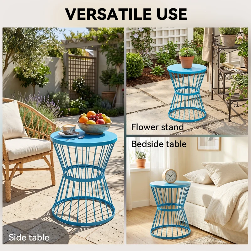 Outsunny 16" Patio Side Table, Garden End Table with Hourglass Design, Steel Accent Table for Outdoor and Indoor Use, Blue