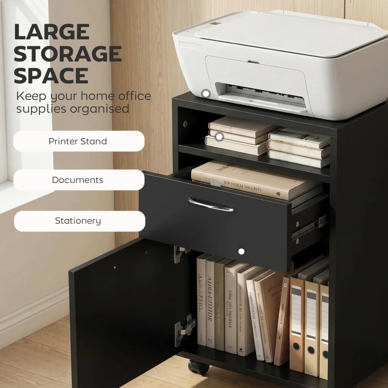 HOMCOM Mobile Storage Cabinet Organizer with Drawer and Cabinet, Printer Stand with Castors, Black