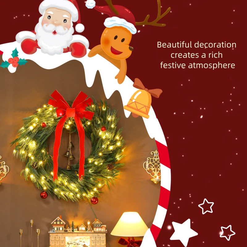 HOMCOM 36 Inch Christmas Wreath for Front Door with LED Lights, Prelit Christmas Wreath with 8 Modes and Ornaments, Green