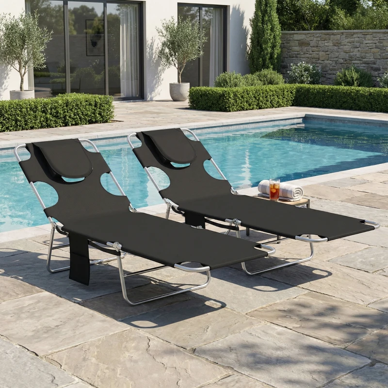 Outsunny 2 Tanning Chairs with Face Hole, 5-Level Adjustable Outdoor Chaise Lounge Chair with Pillow for Beach, Pool, Black