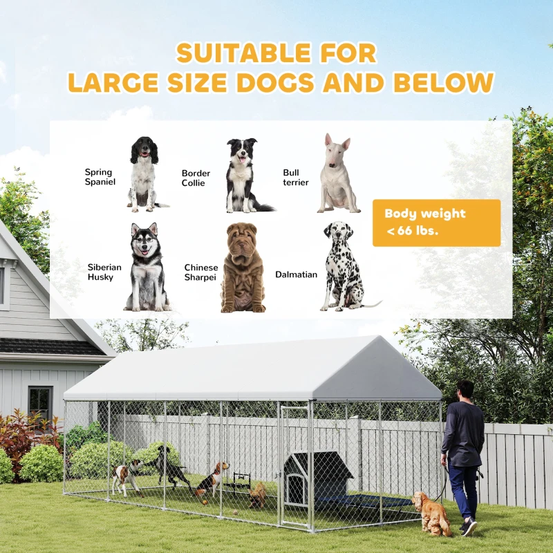 PawHut Heavy Duty Outdoor Dog Kennel with Waterproof Roof, Secure Latch, Chain Link Dog Run for Backyard, 20' x 7.5' x 8'