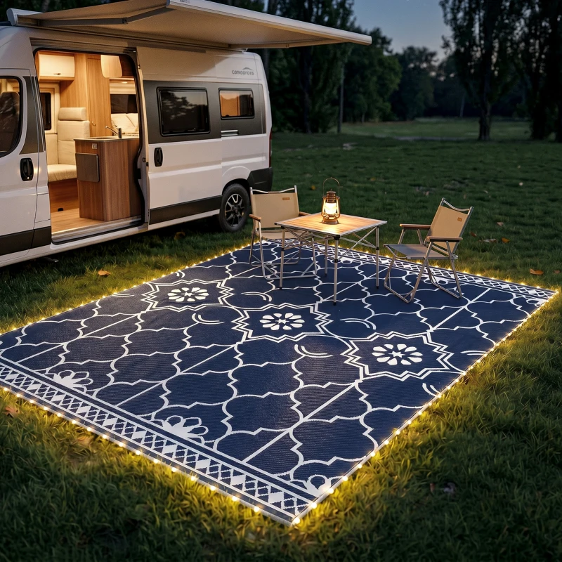 Outsunny Reversible Outdoor Rug Carpet with LED Lights, 12' x 9' PP Straw Rug with Carry Bag and Ground Stakes