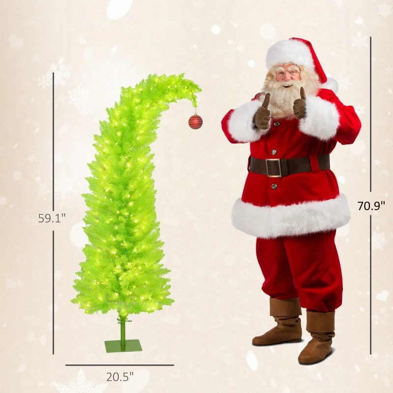 HOMCOM 5 ft Whimsical Christmas Tree, Pencil Xmas Tree with Red Ball, Metal Base, Prelit with 200 LED Lights