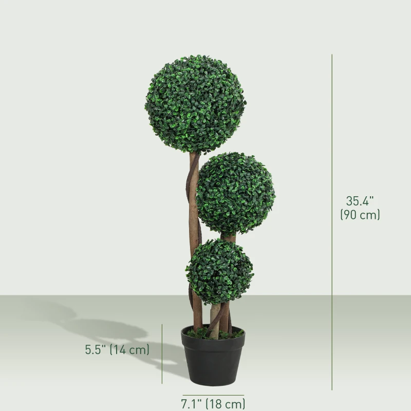 HOMCOM 35 Inch Potted Fake Plant Set of 2, Artificial Boxwood Topiary Tree, Triple Ball Tree for Indoor and Outdoor, Green