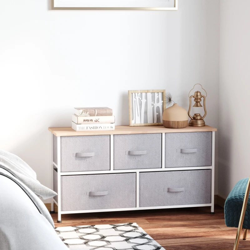 HOMCOM 40" L 5 Drawer Horizontal Storage Cube Dresser Unit Bedroom Organizer Living Room Shelf Tower with Fabric Bins, Light Gray