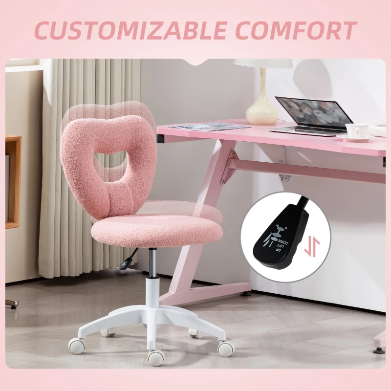 HOMCOM Armless Computer Desk Chair, Office Task Chair, Teddy Fleece Heart Makeup Vanity Chair with Swivel Wheels, Pink