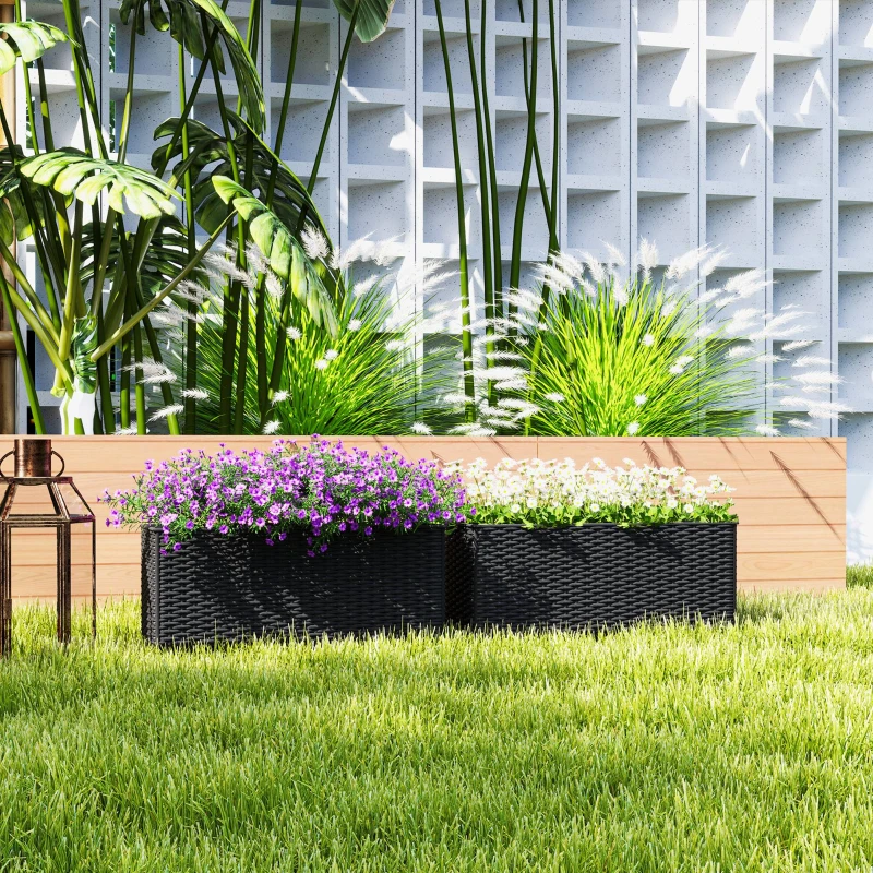 Outsunny 2 Pack 20 Inch Railing Flower Pots, Hanging Flower Pots with Hooks, Drainage Holes for Fence, Rattan Look, Black