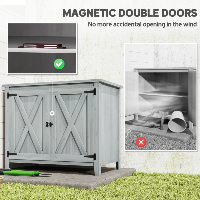 Outsunny Wooden Outdoor Storage Cabinet, Garden Shed Potting Shed with Shelf and Double Doors, Light Gray