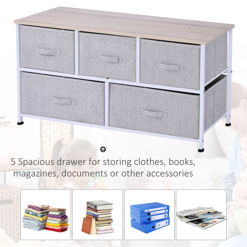 HOMCOM 40" L 5 Drawer Horizontal Storage Cube Dresser Unit Bedroom Organizer Living Room Shelf Tower with Fabric Bins, Light Gray