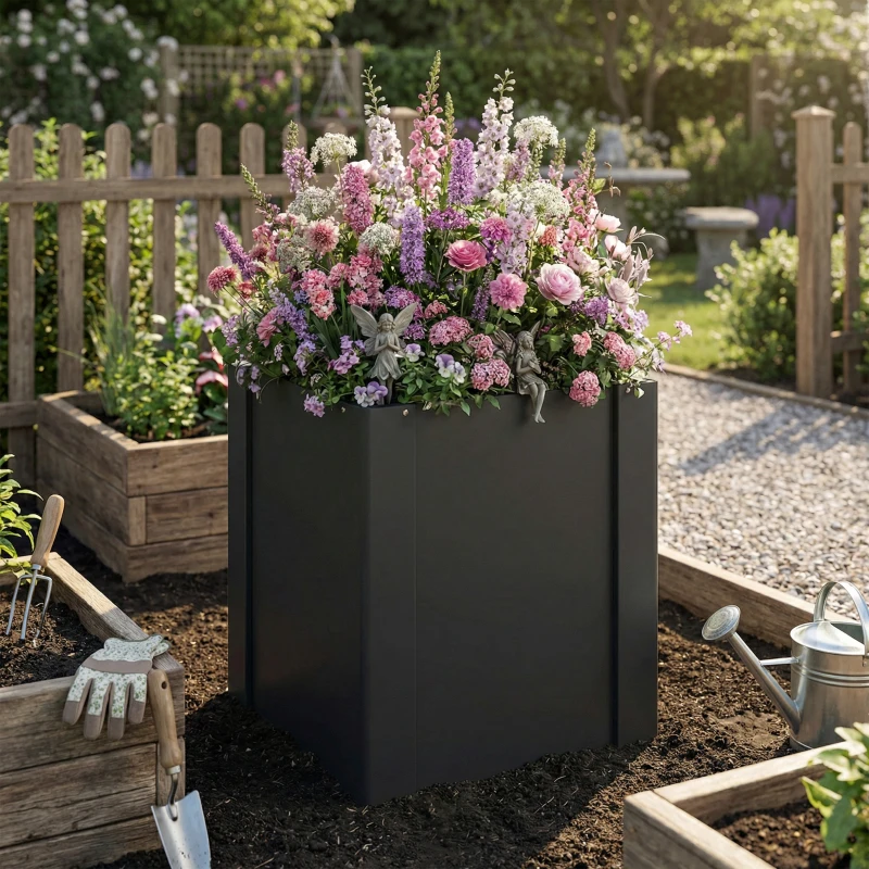 Outsunny Raised Garden Bed Galvanized Planter Box Outdoor with Gloves for Gardening Vegetables, Flower, Herb, 1.4 x 1.4 x 1.5 ft, Black