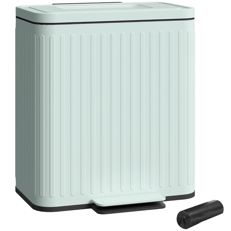 HOMCOM Trash Can with Lid, 2 x 5.3Gal Double Step-On Kitchen Trash Can with Rubbish Bags, Removable Buckets, Light Green