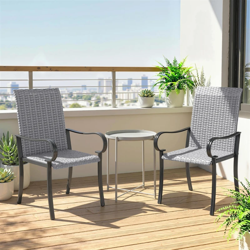 Outsunny Set of 2 Outdoor Wicker Dining Chairs with Armrest, Steel Frame, High Back and Deep Seating, Gray
