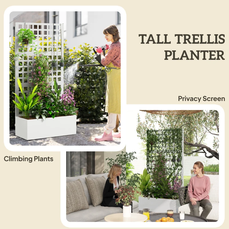 Outsunny Galvanized Raised Garden Bed Planter Box with Trellis for Climbing Plants, Vegetable, Vines, 35" x 16" x 70", White
