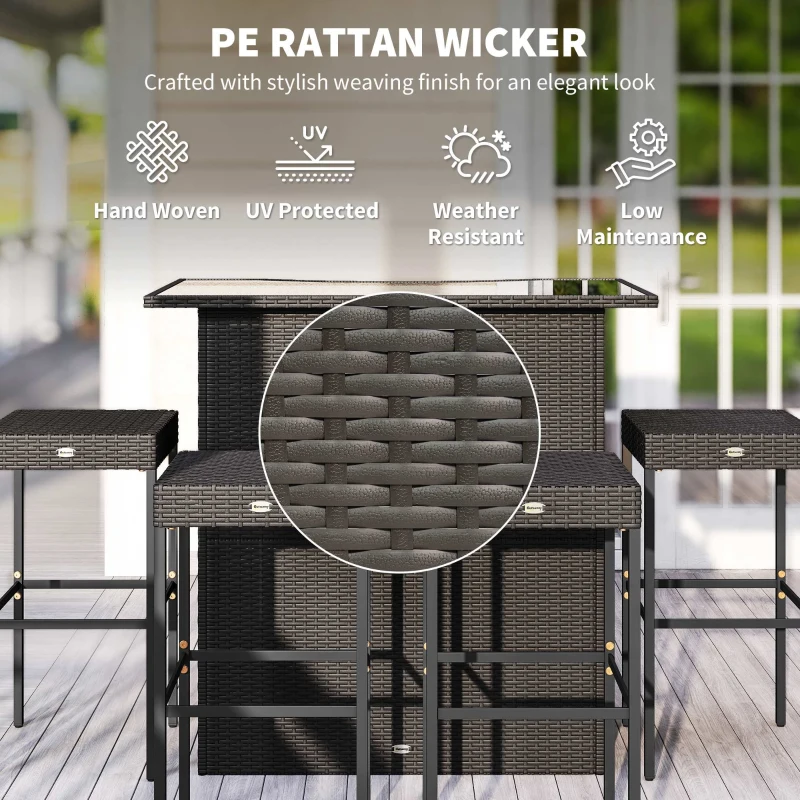 Outsunny 5 Piece Rattan Wicker Bar Set, High Top Outdoor Table and Chairs, Bar Height Patio Set, 2 Shelves & 4 Bar Stools, Brown