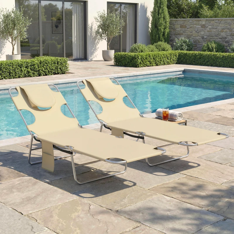 Outsunny 2 Tanning Chairs with Face Hole, 5-Level Adjustable Outdoor Chaise Lounge Chair with Pillow for Beach, Pool, Beige