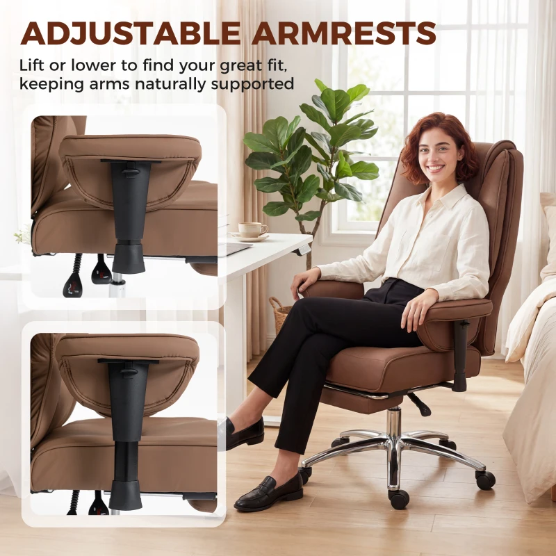 HOMCOM Ergonomic Office Chair, High Back Reclining Desk Chair with Adjustable Armrests, Pet Friendly Faux Leather, Brown