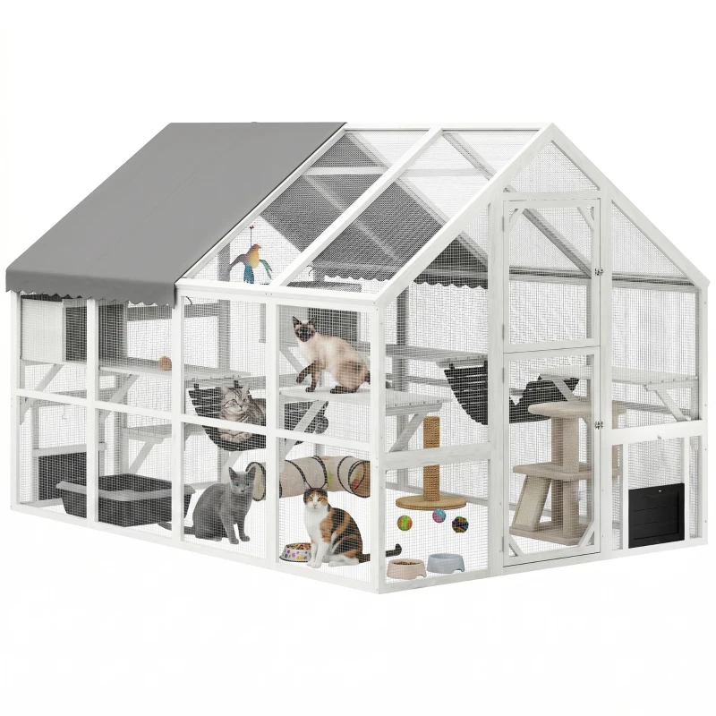 PawHut Wooden Catio Outdoor Cat Enclosure with Waterproof Cover, 2 Condos, 6 Platforms, Bridge, Doors, White