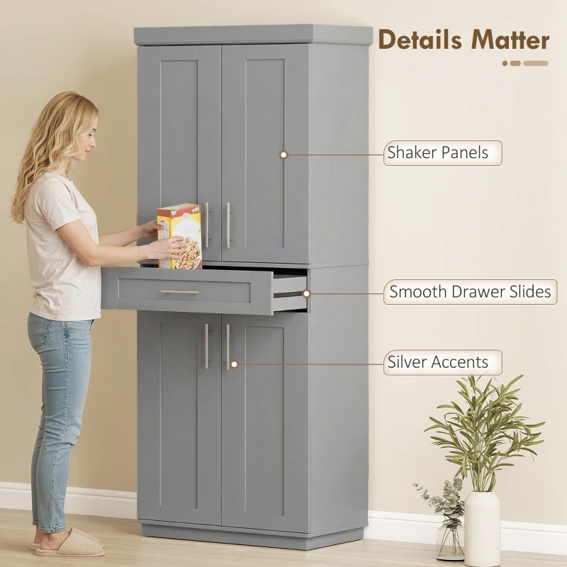 HOMCOM Modern Kitchen Pantry Freestanding Cabinet Cupboard with Doors and Drawer, Adjustable Shelving, Gray
