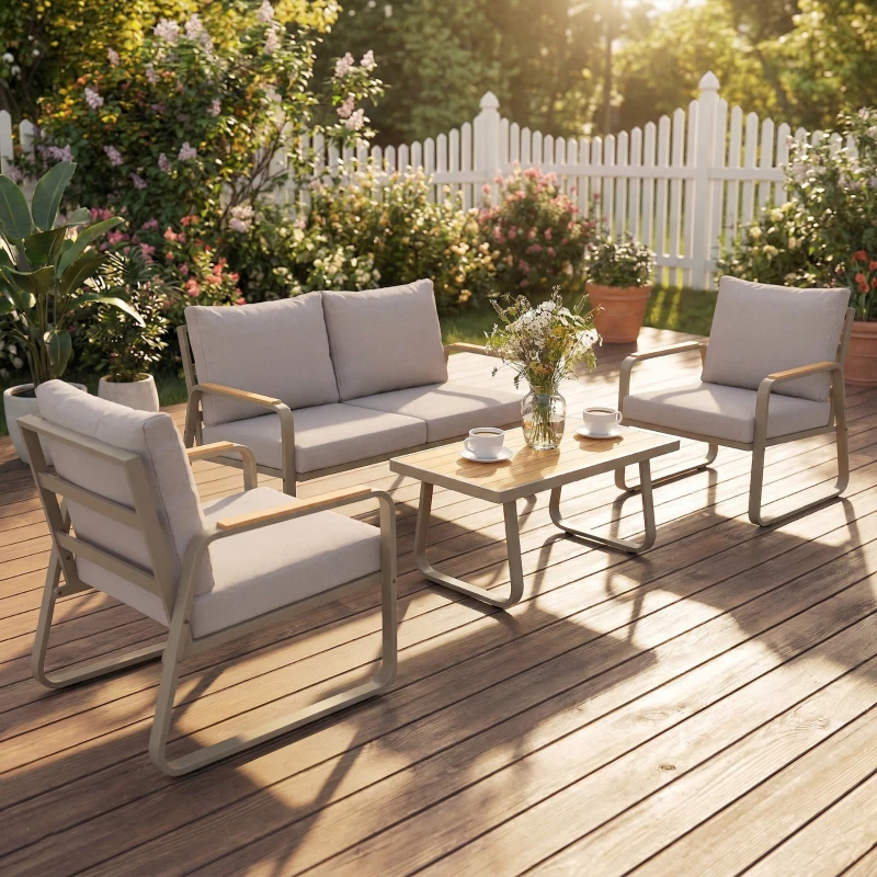 Outsunny 4 Piece Patio Furniture Set, Outdoor Sofa Set with Loveseat, 2 Armchairs, Coffee Table and Cushions