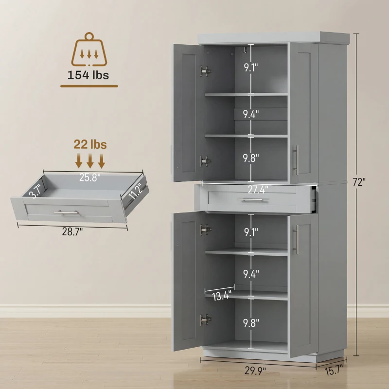 HOMCOM Modern Kitchen Pantry Freestanding Cabinet Cupboard with Doors and Drawer, Adjustable Shelving, Gray