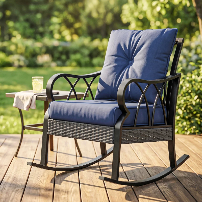 Outsunny Outdoor Wicker Rocking Chair with Padded Cushions, Aluminum Furniture, Rattan Porch Rocker Chair w/ Armrest, Navy Blue