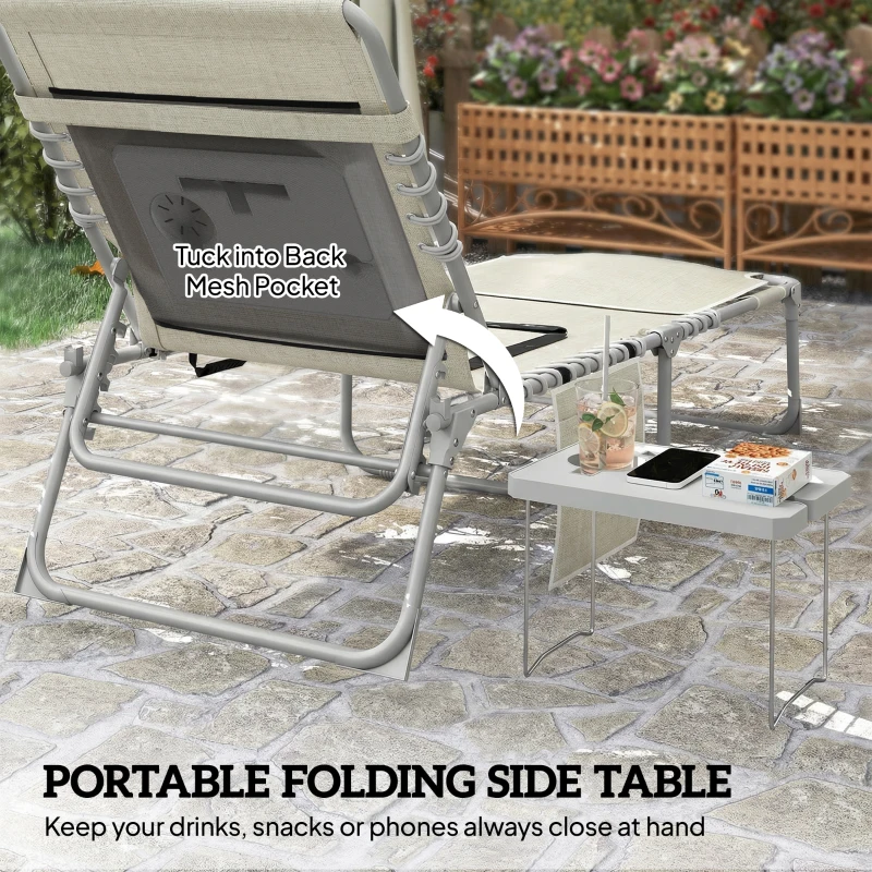 Outsunny Tanning Chair with Face Hole and Side Table, 5-Position Folding Outdoor Chaise Lounge Chair, Beige