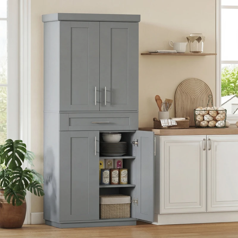HOMCOM Modern Kitchen Pantry Freestanding Cabinet Cupboard with Doors and Drawer, Adjustable Shelving, Gray