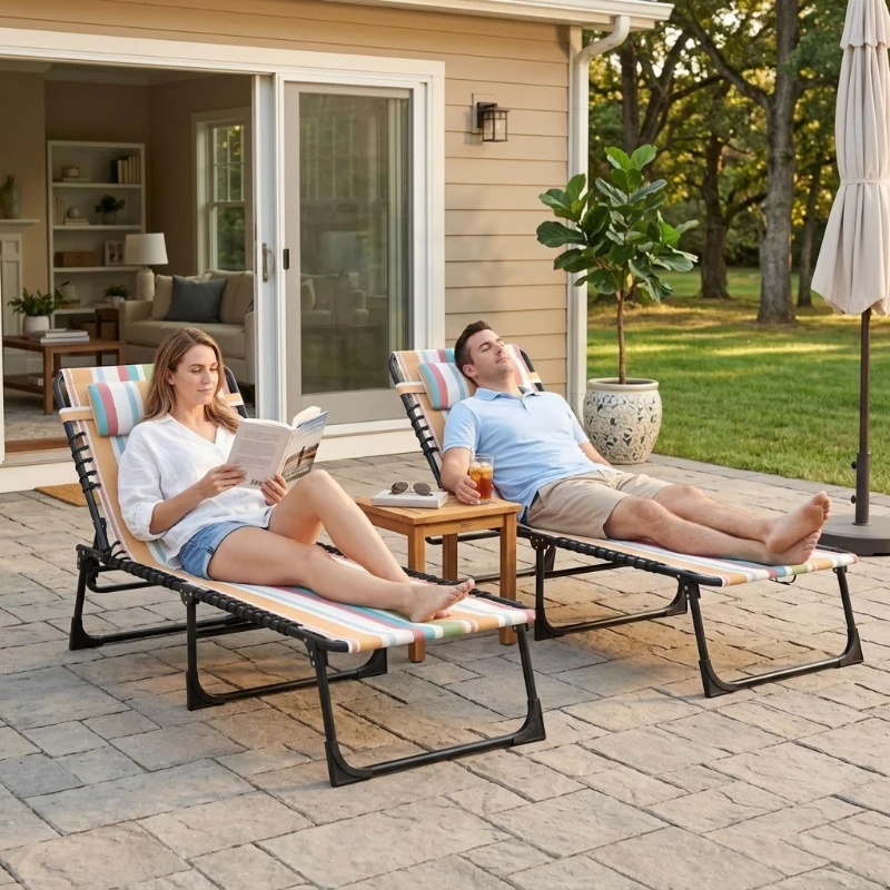 Outsunny 2 Folding Chaise Lounge Pool Chairs with 4-Position Reclining Back, Pillow, Breathable Mesh & Bungee Seat, Striped