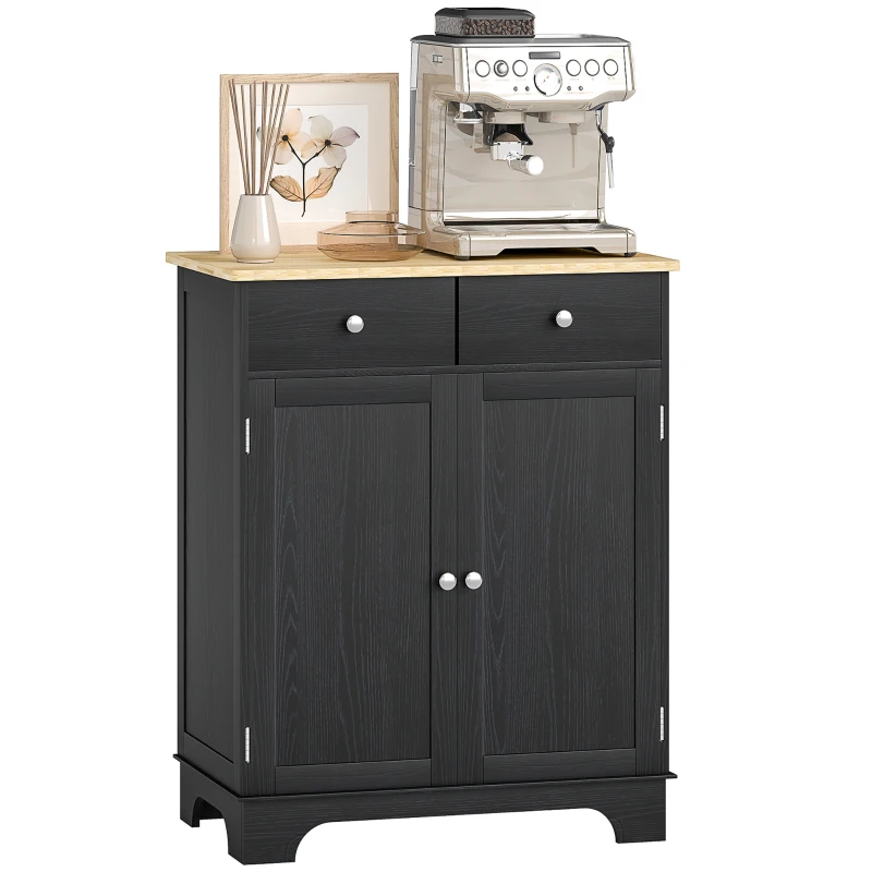 HOMCOM Kitchen Storage Cabinet, Sideboard Floor Cupboard with Solid Wood Top, Adjustable Shelf, and 2 Drawers, Distressed Black