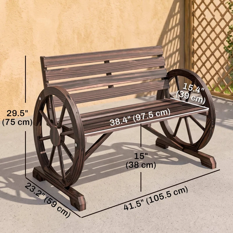 Outsunny 42" Wood Wagon Wheel Bench Garden Loveseat Rustic Seat Relaxing Lounge Chair Outdoor Decorative Seat Park Decor, Brown