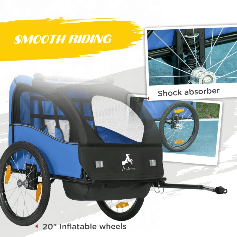 Aosom 2 Seat Bike Trailer for Kids, Bicycle Trailer with Storage Bag, 5 Point Harness, Bicycle Trailer with 20" Wheels, Blue